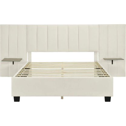 Queen Size Upholstered Platform Bed with Big Headboard, Bedroom Furniture, Velvet, Beige