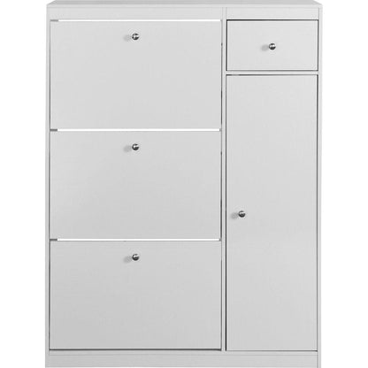 Shoe Cabinet,Freestanding Tipping Bucket Shoe Rack Organizer with 3 Flip Drawers,Entryway Narrow Shoe Storage with Adjustable Storage Shelf,Modern Slim Hidden Shoe Cabinet, White
