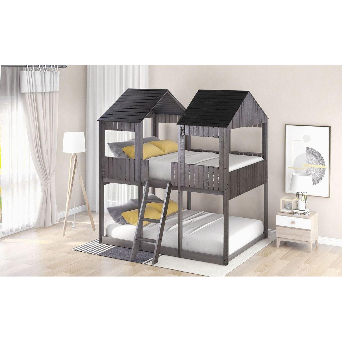 Full Over Full WoodBunk Bed with Roof, Window, Guardrail, Ladder(Antique Gray)