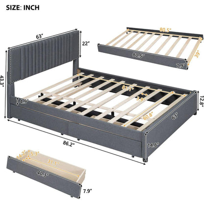 Queen Size Upholstered Platform Bed with 2 Drawers and 1 Twin XL Trundle, Classic Headboard Design, Gray