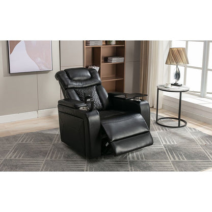 270 Degree Swivel PU Leather Power Recliner Individual Seat Home Theater Recliner with Comforable Backrest, Tray Table, Phone Holder, Cup Holder, USB Port, Hidden Arm Storage for Living Room, Black