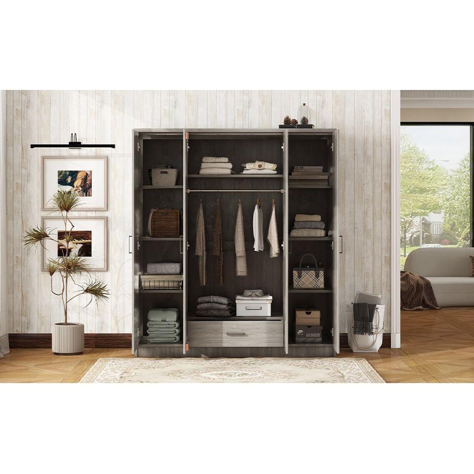 4-Door Wardrobe with 1 Drawer, Gray