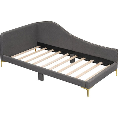 Twin Size Upholstered Daybed with Headboard and Armrest, Support Legs, Grey