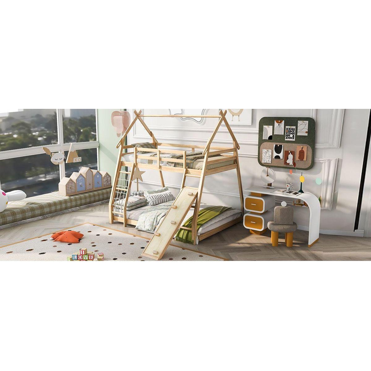 Twin over Queen House Bunk Bed with Climbing Nets and Climbing Ramp, Natural