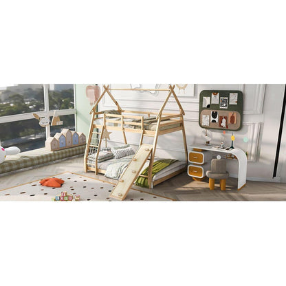 Twin over Queen House Bunk Bed with Climbing Nets and Climbing Ramp, Natural