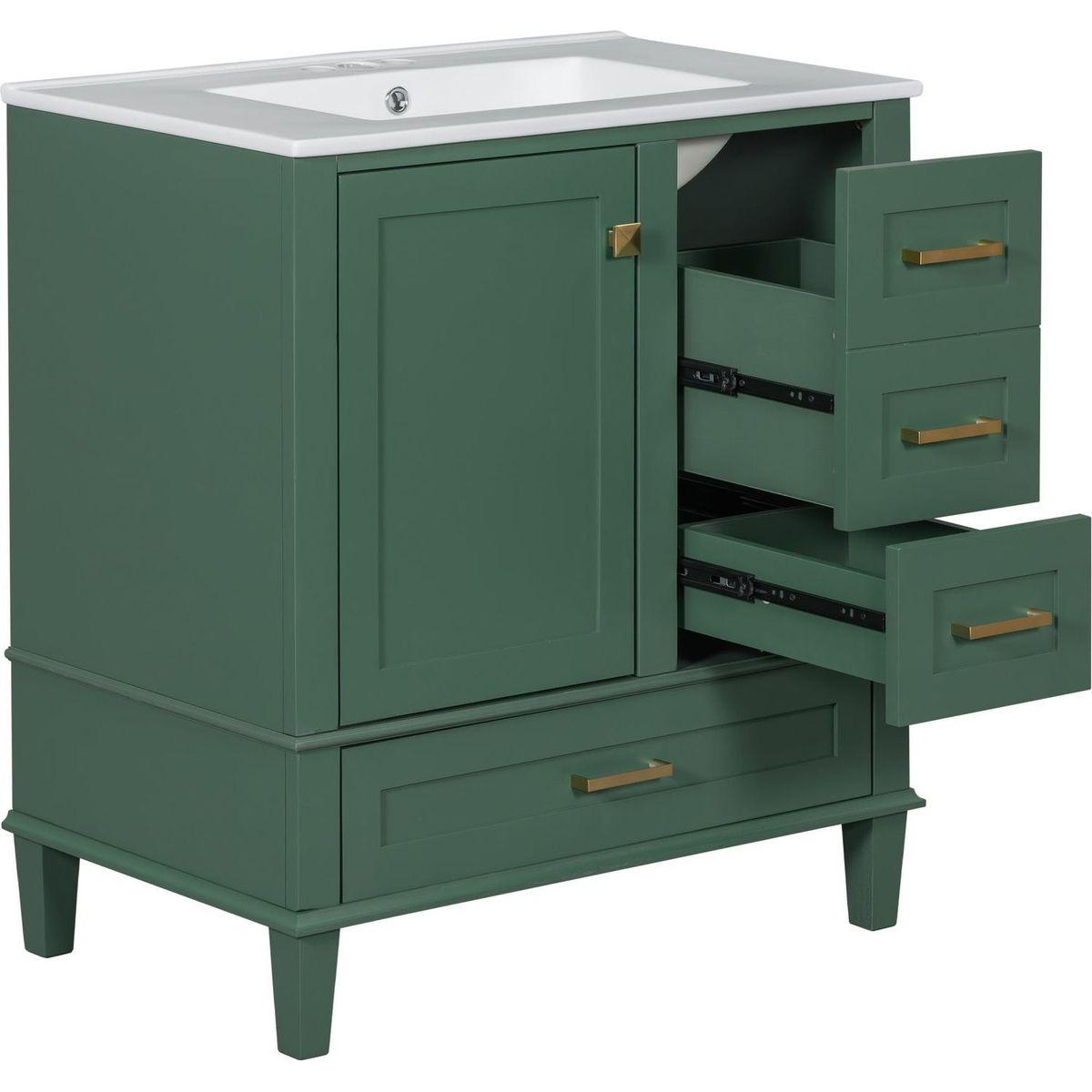 30" Bathroom Vanity in Green, Modern Bathroom Cabinet with Sink Combo Set, Bathroom Storage Cabinet with a Soft Closing Door and 3 Drawers, Solid Wood Frame