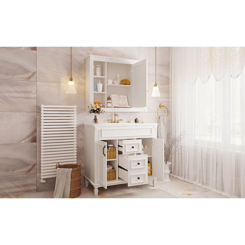 36" Bathroom Vanity with Top Sink, White Mirror Cabinet, Modern Bathroom Storage Cabinet with 2 Soft Closing Doors and 2 Drawers, Single Sink Bathroom Vanity