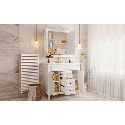 36" Bathroom Vanity with Top Sink, White Mirror Cabinet, Modern Bathroom Storage Cabinet with 2 Soft Closing Doors and 2 Drawers, Single Sink Bathroom Vanity