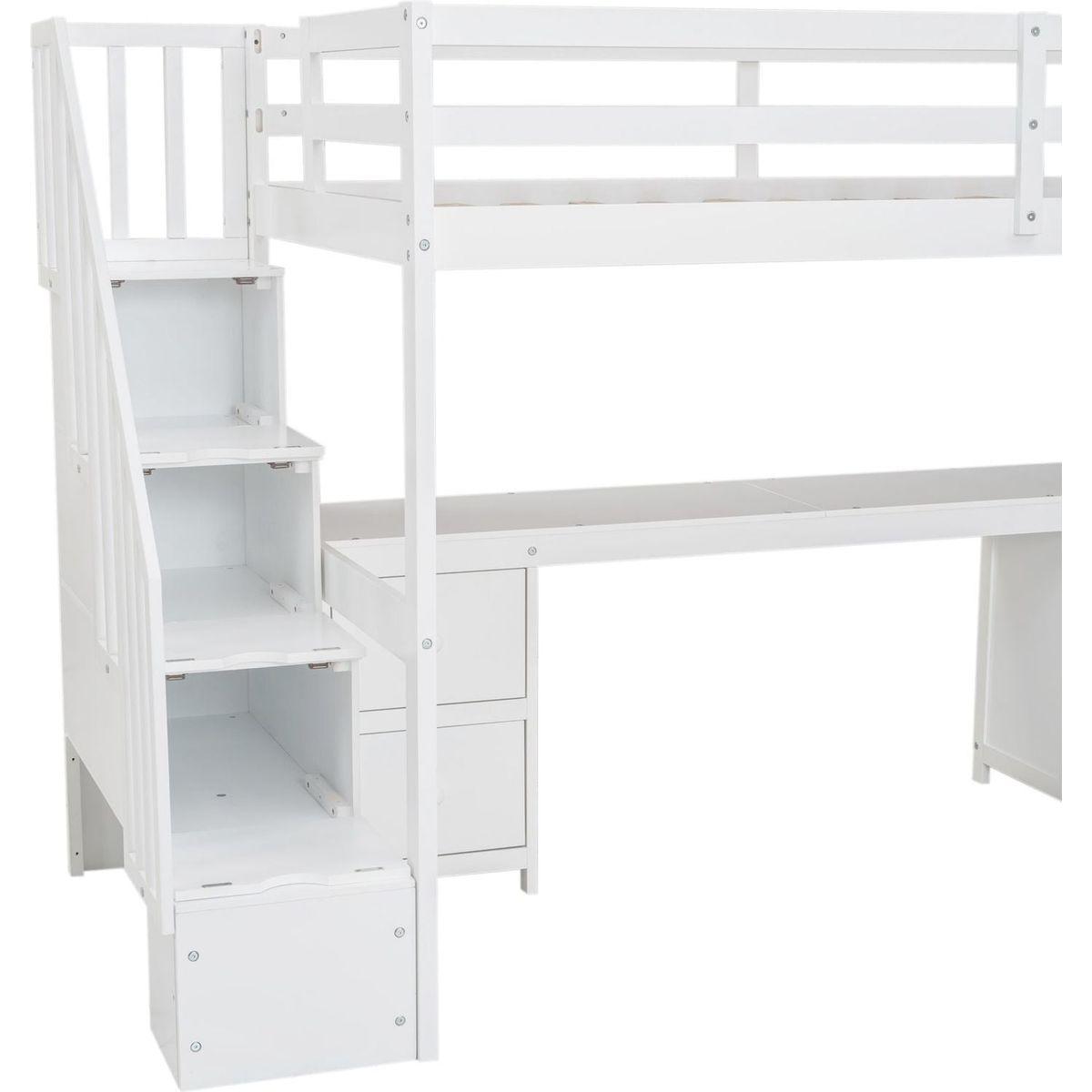 Twin Size Loft Bed Frame with Built-in Desk and Double Storage Drawers,White