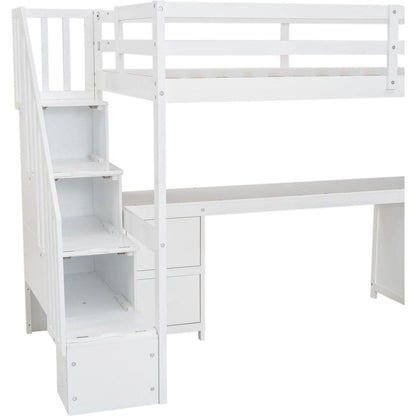 Twin Size Loft Bed Frame with Built-in Desk and Double Storage Drawers,White