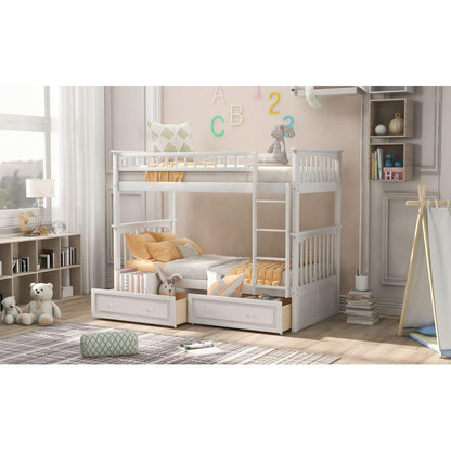 Twin over Twin Bunk Bed with Drawers, Convertible Beds, White