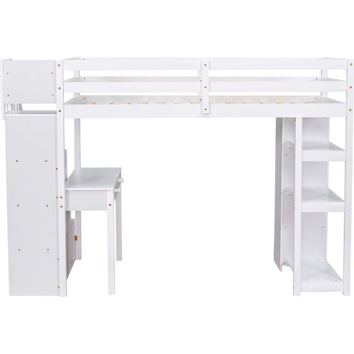 Twin size Loft Bed with Storage Drawers, Desk and Stairs, Wooden Loft Bed with Shelves - White