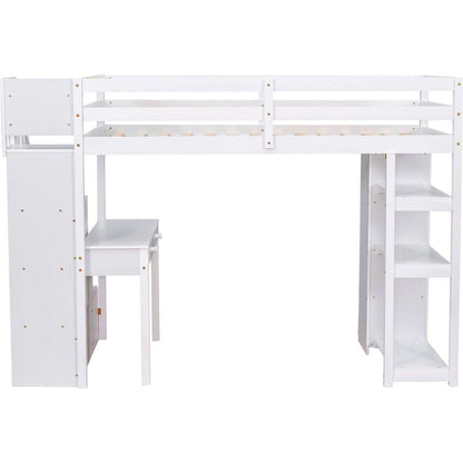 Twin size Loft Bed with Storage Drawers, Desk and Stairs, Wooden Loft Bed with Shelves - White