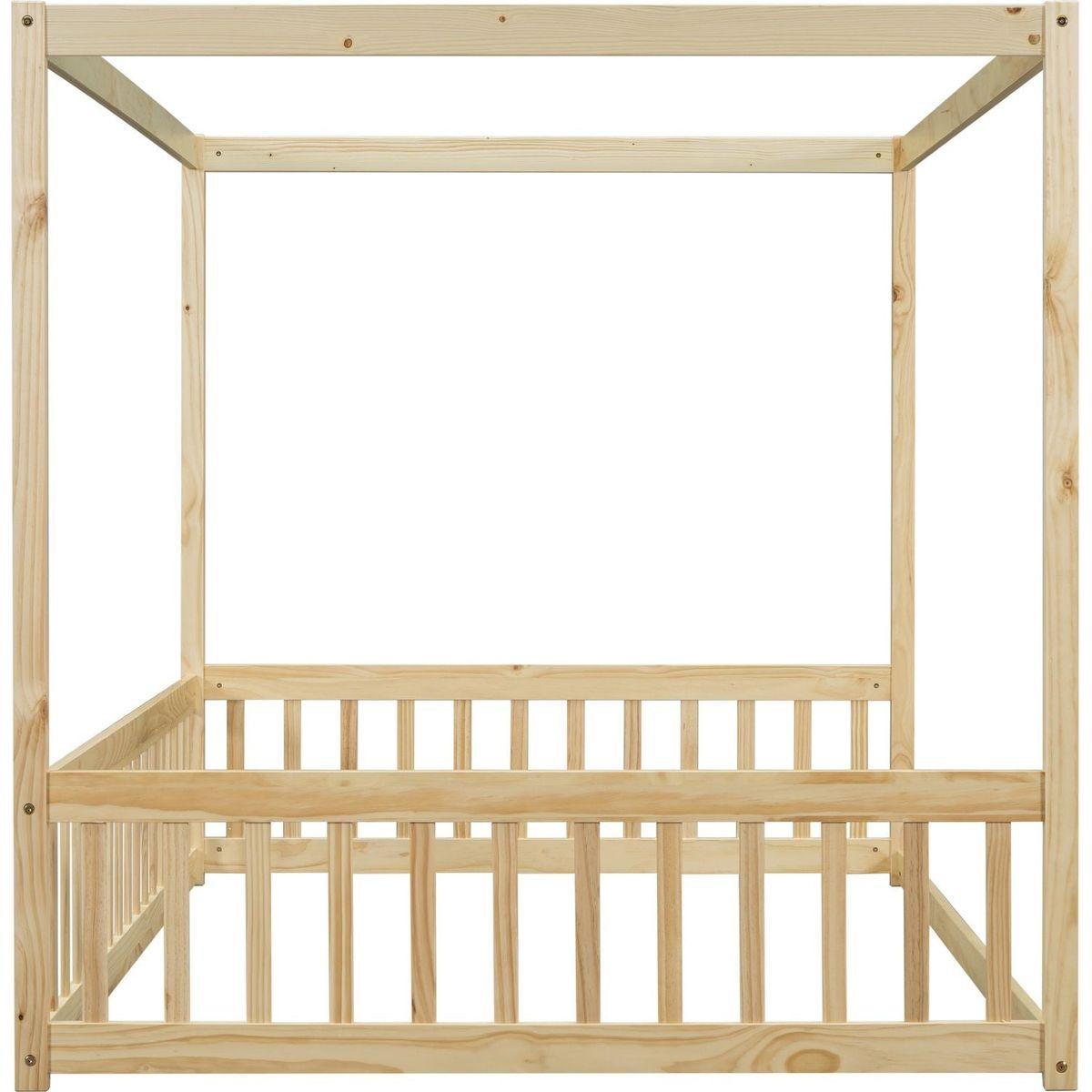 Full Size Canopy Frame Floor Bed with Fence, Guardrails,Natural