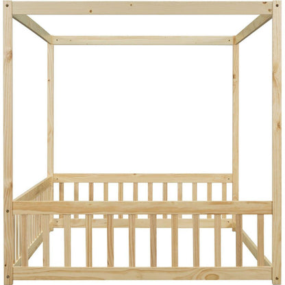 Full Size Canopy Frame Floor Bed with Fence, Guardrails,Natural