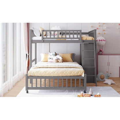 Wooden Twin Over Full Bunk Bed With Six Drawers And Flexible Shelves,Bottom Bed With Wheels,Gray