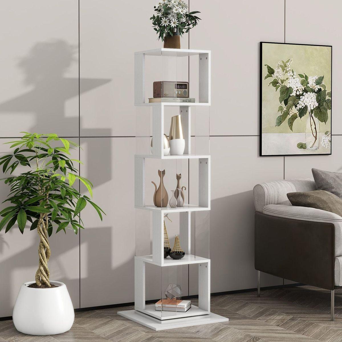 5 tier Rotating Bookshelf, Floor Rack Simple Bookcase with Acrylic plate Student Multi-Function Creative Bookshelf for Living Room with anti-toppling base