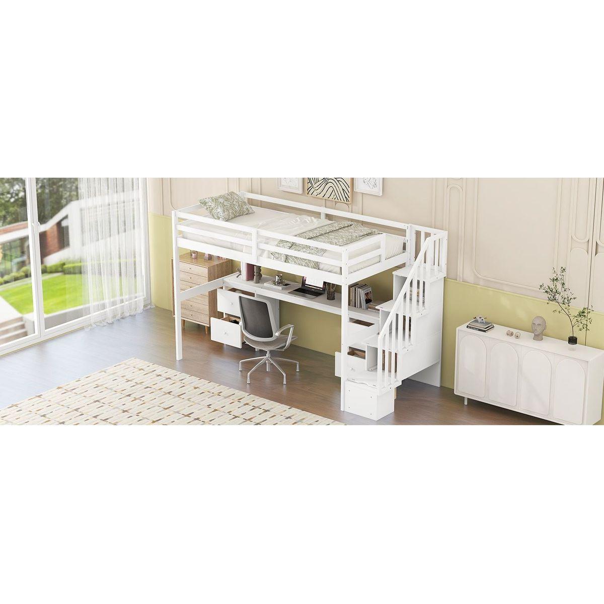 Twin Size Loft Bed Frame with Built-in Desk and Double Storage Drawers,White