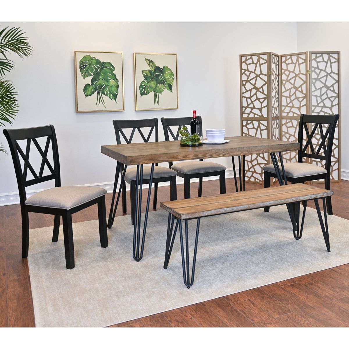 Arroyo 6-Piece Dining Set, Hairpin Dining Table with 4 Cross-back Chairs and Bench, Rich Black
