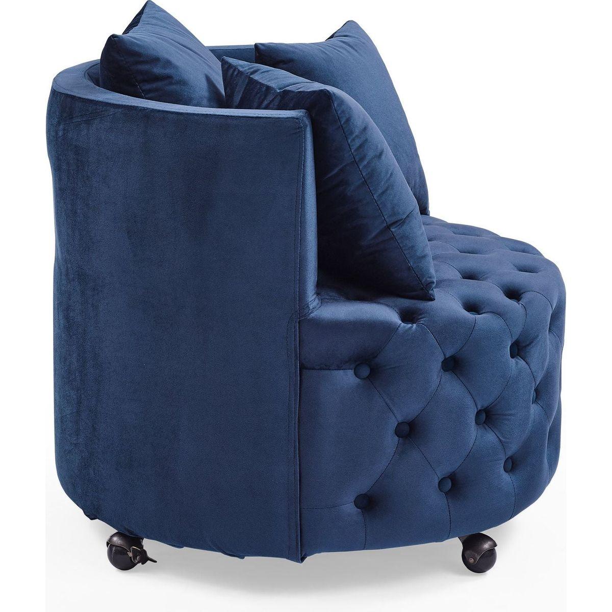 Velvet Upholstered Swivel Chair for Living Room, with Button Tufted Design and Movable Wheels, Including 3 Pillows, Blue