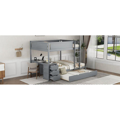 Full-Over-Full Bunk Bed with Twin size Trundle, Storage and Desk, Gray
