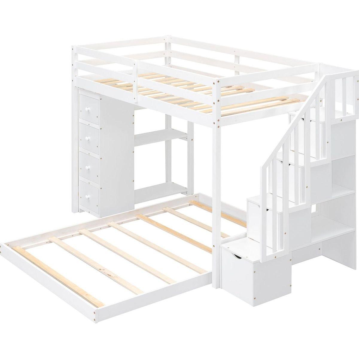 Twin Over Full Bunk Bed with 3-layer Shelves, Drawers and Storage Stairs, White