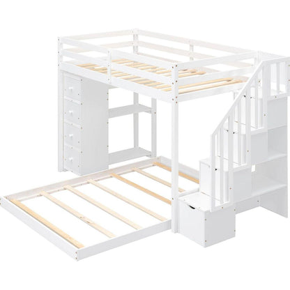 Twin Over Full Bunk Bed with 3-layer Shelves, Drawers and Storage Stairs, White