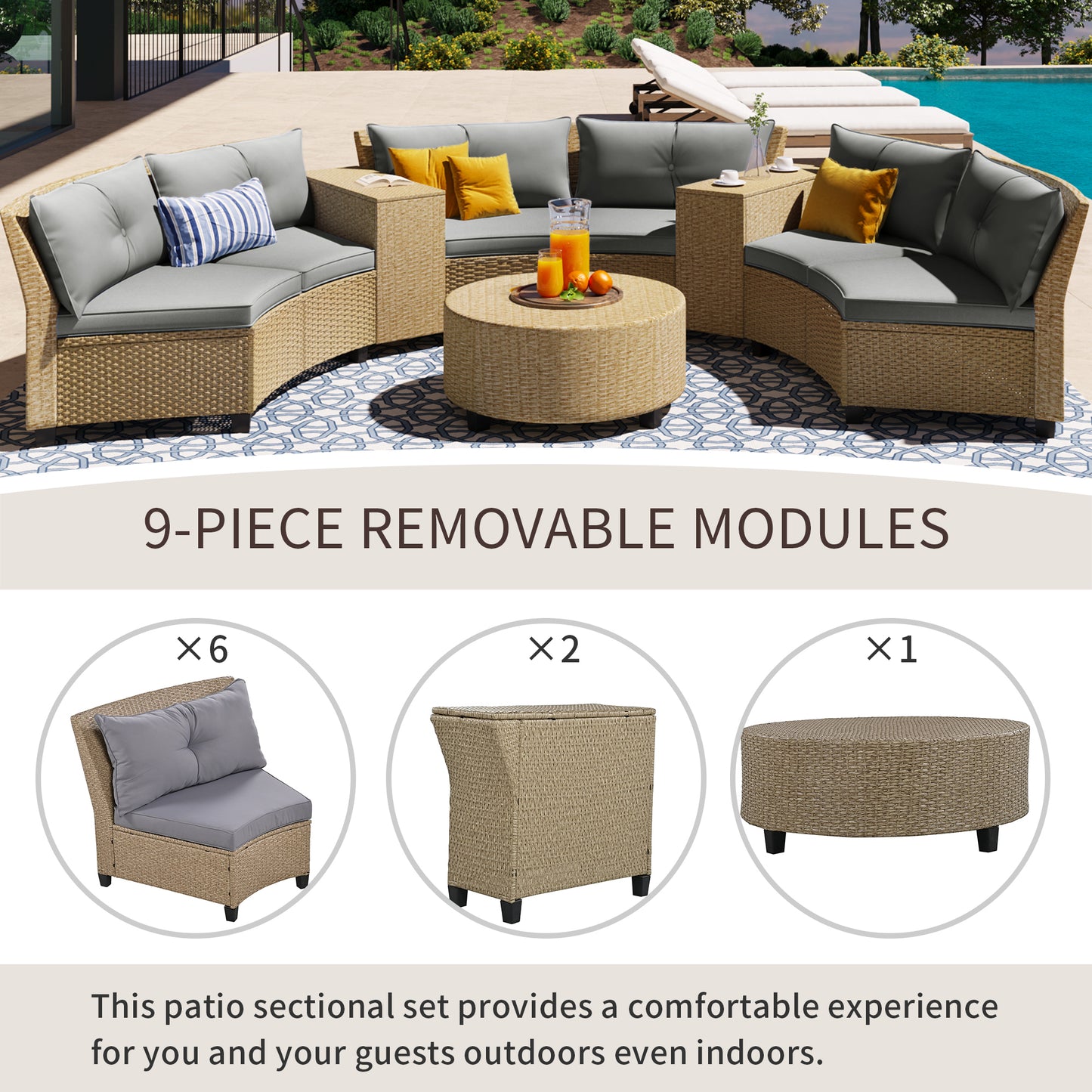 6 - Person Fan-shaped Rattan Suit Combination with Cushions and Table, Suitable for Garden