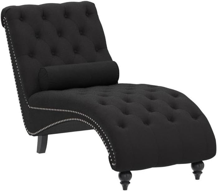 Button-Tufted Chaise Lounge Indoor with Solid Wood Leg+Support Pillow, Upholstered Chaise Lounge Chair for Bedroom Living Room Office, Armless Rolled Backrest Leisure Sofa Recliner-Black Velvet