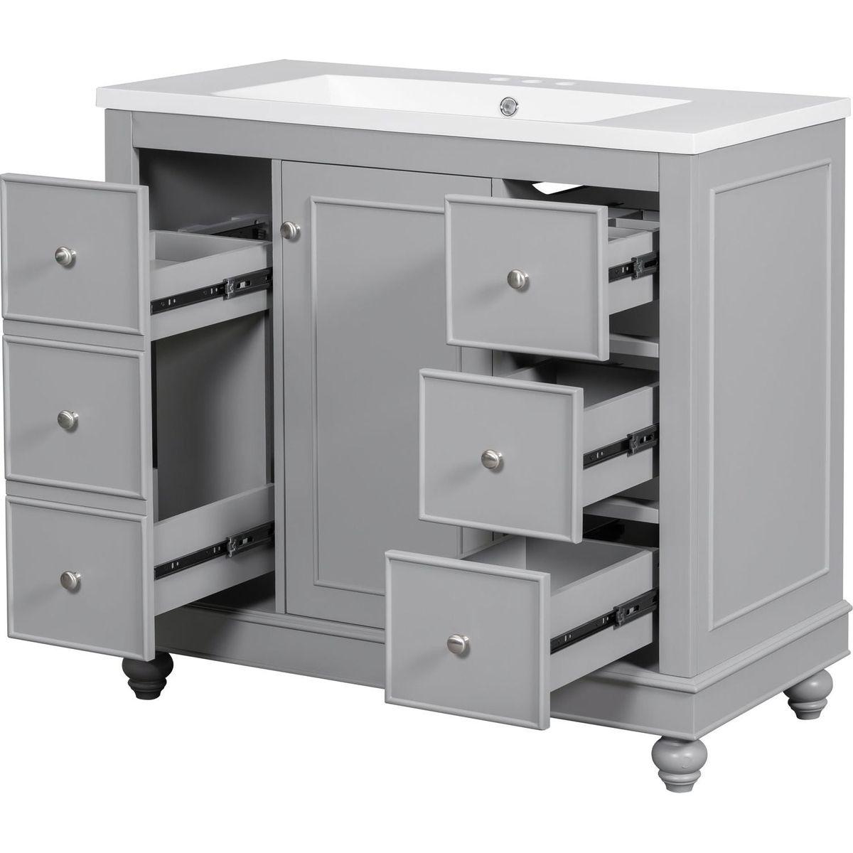 Contemporary Gray Bathroom Vanity Cabinet - 36x18x34 inches, 4 Drawers & 1 Cabinet Door, Multipurpose Storage, Resin Integrated Sink, Adjustable Shelves, Solid Wood Frame with MDF