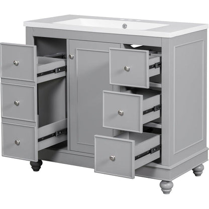 Contemporary Gray Bathroom Vanity Cabinet - 36x18x34 inches, 4 Drawers & 1 Cabinet Door, Multipurpose Storage, Resin Integrated Sink, Adjustable Shelves, Solid Wood Frame with MDF