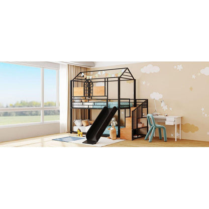 Twin Over Twin Metal Bunk Bed, Metal Housebed with Slide and Storage Stair, Black with Black Slide