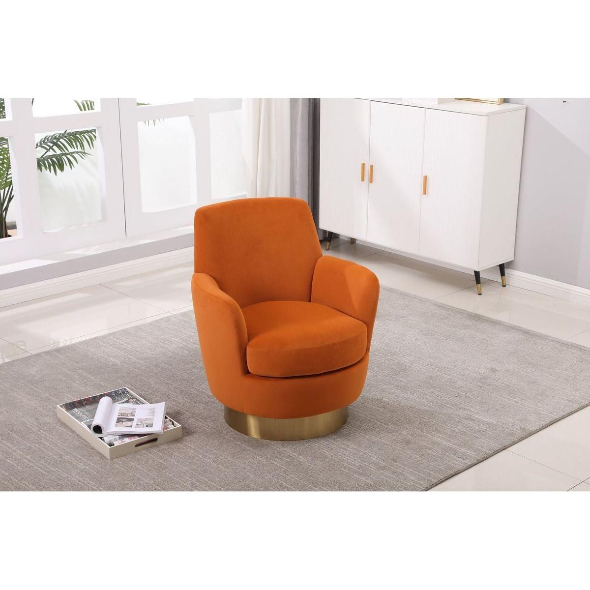 Velvet Swivel Barrel Chair, Swivel Accent Chairs Armchair for Living Room, Reading Chairs for Bedroom Comfy, Round Barrel Chairs with Gold Stainless Steel Base (Orange)