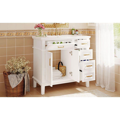 36-inch Bathroom Vanity with Resin Sink, Modern Bathroom Cabinet in White,Featuring Two Soft Close Doors and Four Drawers