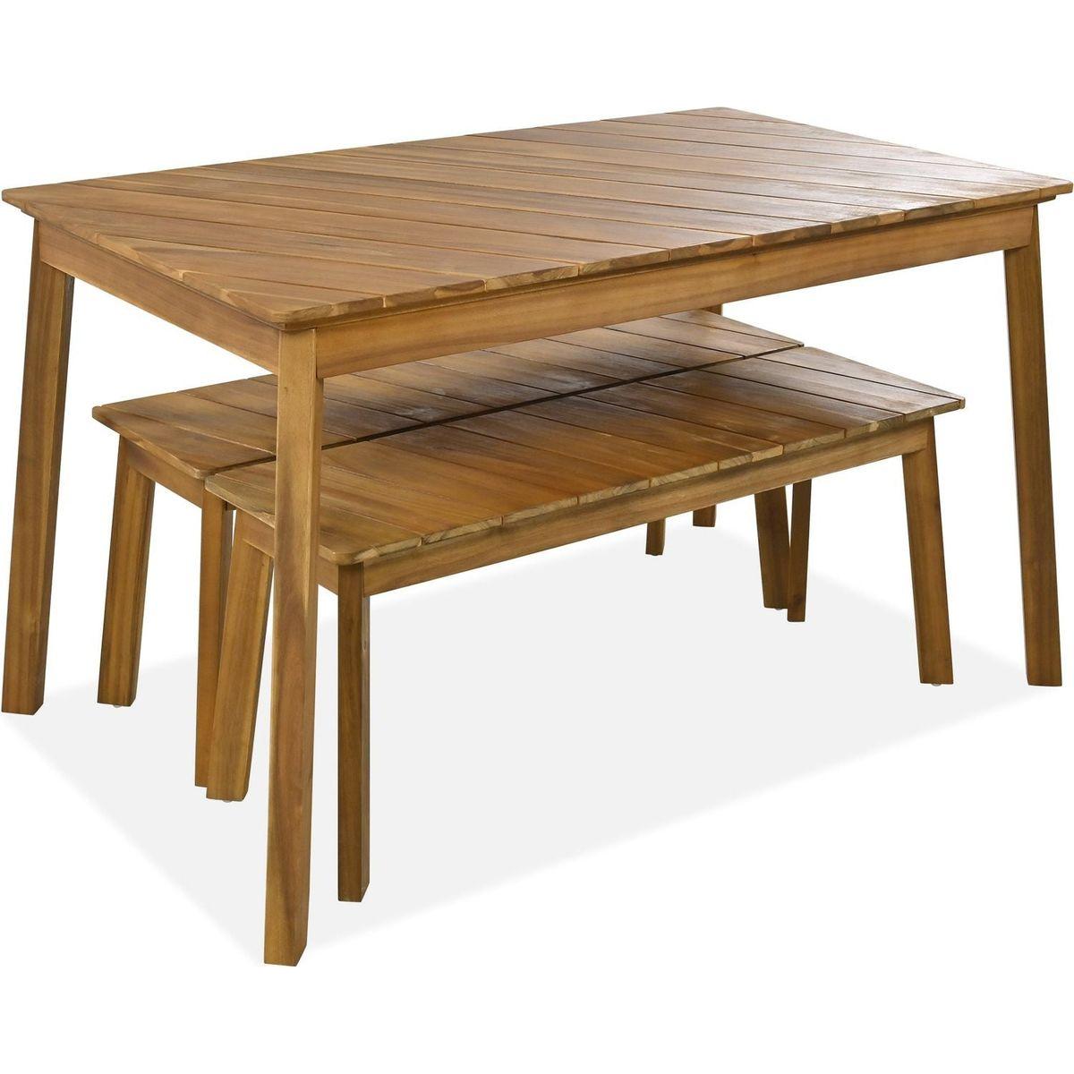GO 3 Pieces Acacia Wood Table Bench Dining Set For Outdoor & Indoor Furniture With 2 Benches, Picnic Beer Table for Patio, Porch, Garden, Poolside, Natural