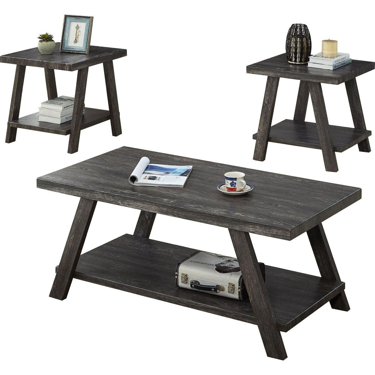 Athens Contemporary Replicated Wood Shelf Coffee Set Table in Charcoal Finish