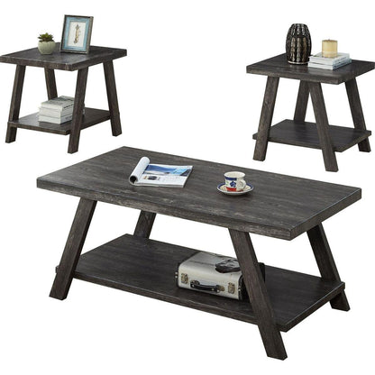 Athens Contemporary Replicated Wood Shelf Coffee Set Table in Charcoal Finish