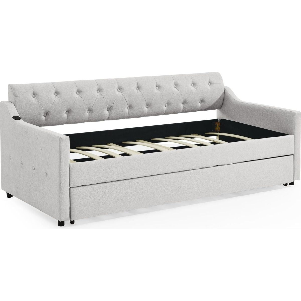Twin Size Upholstery DayBed with Twin Size Erectable Trundle and USB Charging Design, Linen Beige