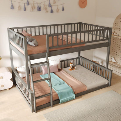 Full XL over Queen Bunk Bed with Ladder and Guardrails, Gray