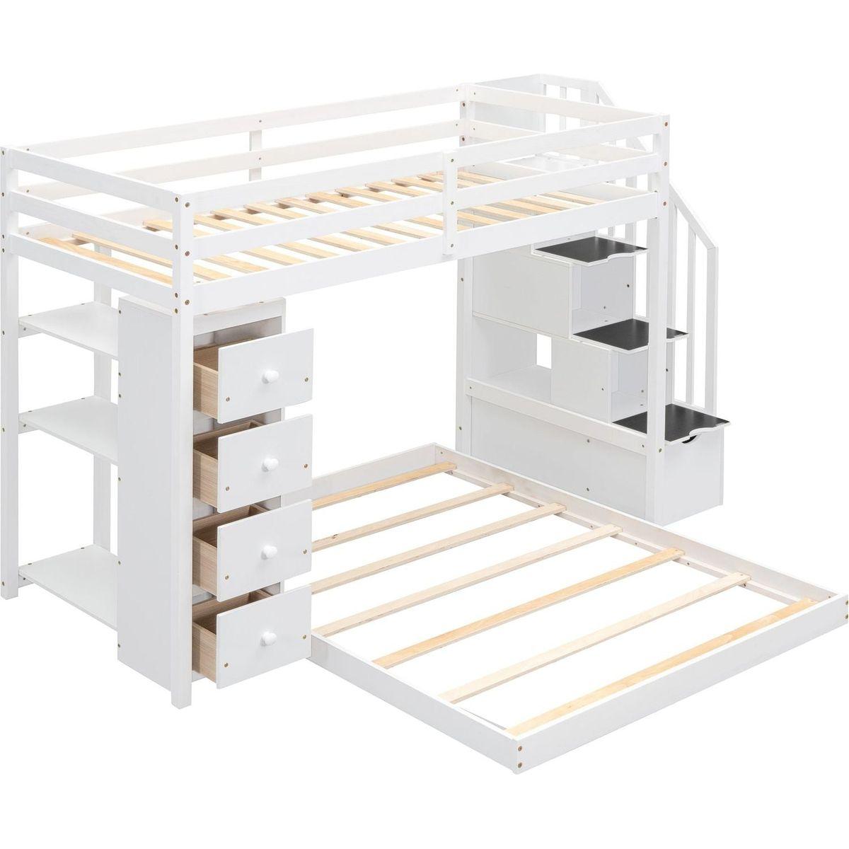 Twin Over Full Bunk Bed with 3-layer Shelves, Drawers and Storage Stairs, White