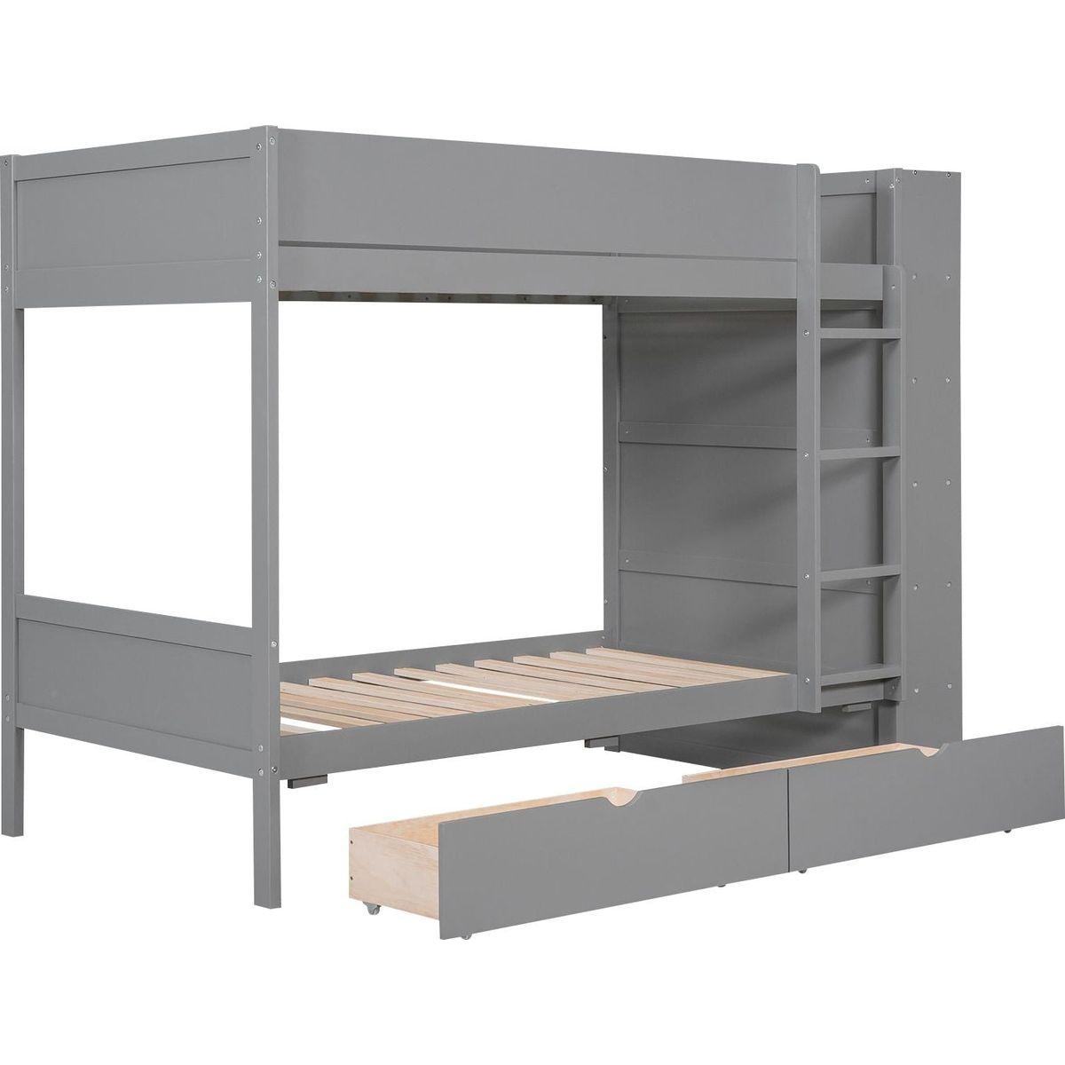 Twin over Twin Bunk Bed With 2 Drawers and Multi-layer Cabinet, Gray