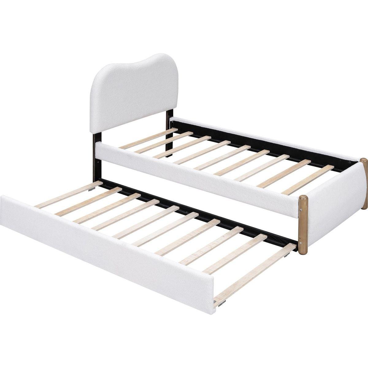 Twin Size Upholstered Platform Bed with Wood Supporting Feet and Twin Size Trundle, White