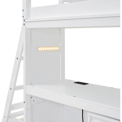 Twin over Twin Bunk Bed with LED Light and USB Ports, White