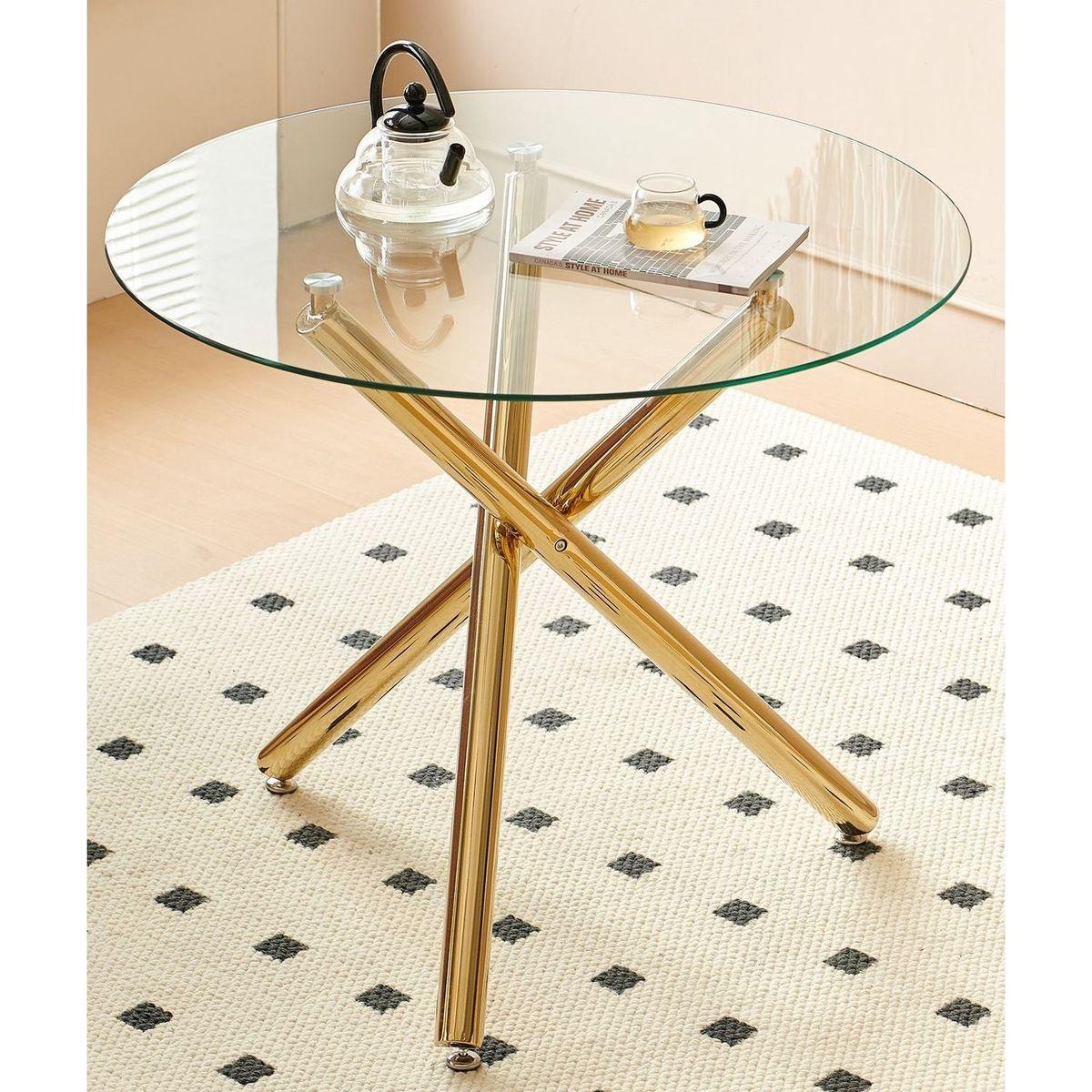 Golden Dining Table with metal leg and glass,Modern Space Saving Kitchen Table for Living Room