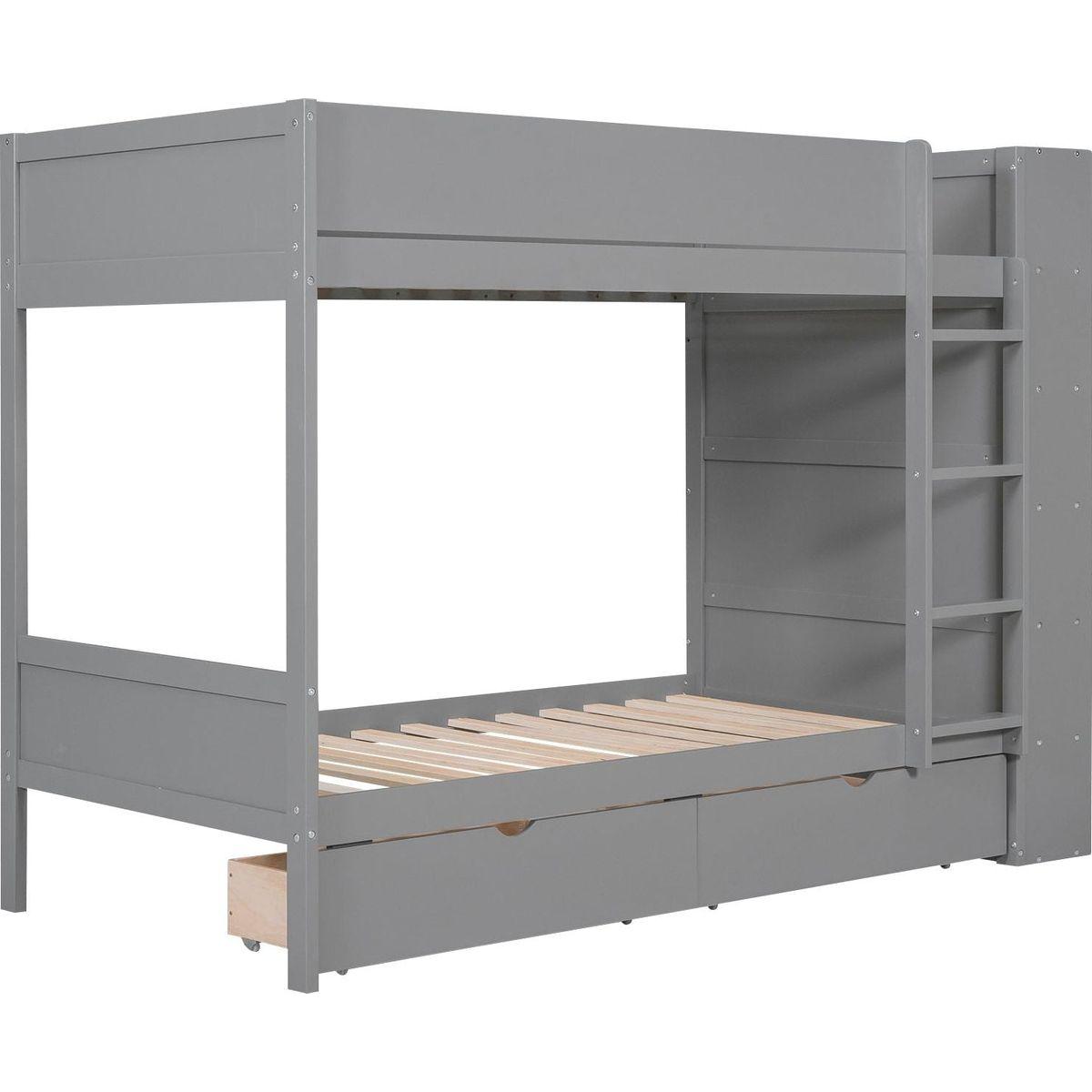 Twin over Twin Bunk Bed With 2 Drawers and Multi-layer Cabinet, Gray