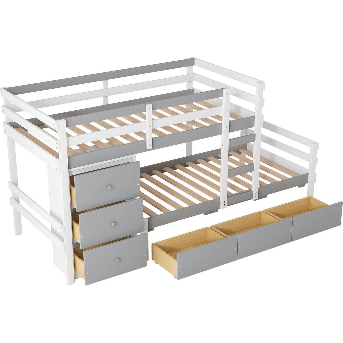 Twin over Twin Loft Bunk Bed with Drawers and Ladder, Gray