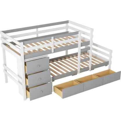 Twin over Twin Loft Bunk Bed with Drawers and Ladder, Gray