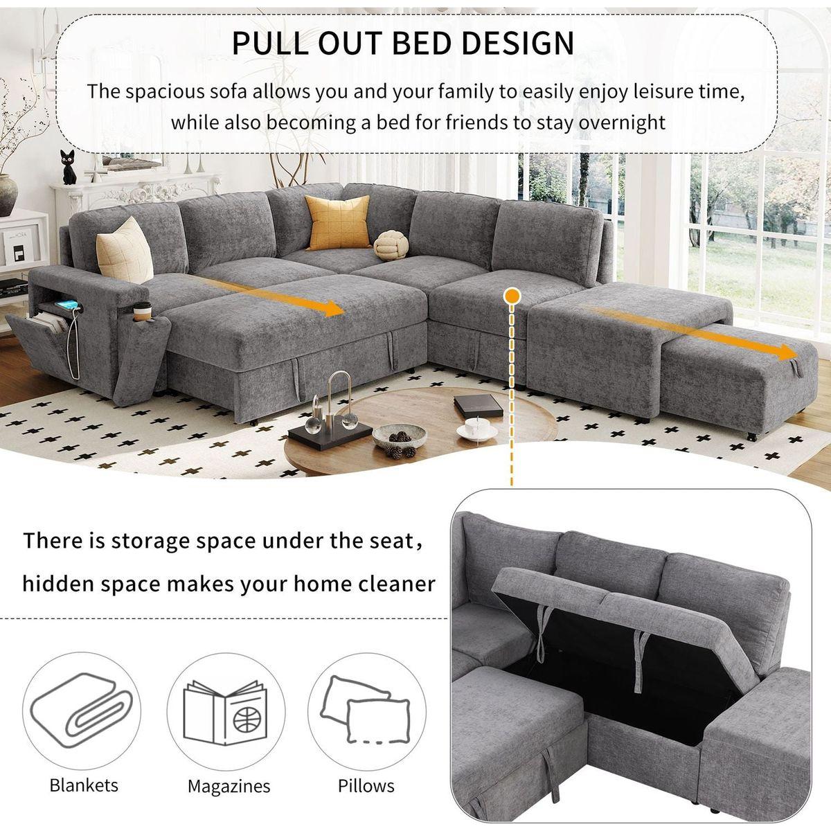 L-shaped Padded Modular Sofa with Storage Space, USB Ports, and Cup Holders on the Armrests, Suitable for Living Rooms, Offices, and Apartments.