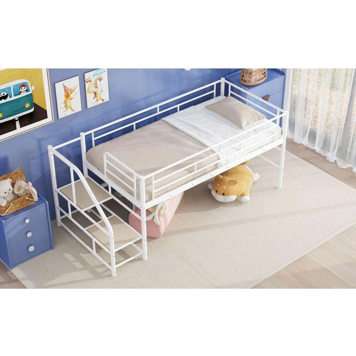 Mid Loft Bed with Storage stairs, Twin, White