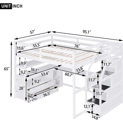 Full Size Loft Bed with Desk and Shelves, Two Built-in Drawers, Storage Staircase, White